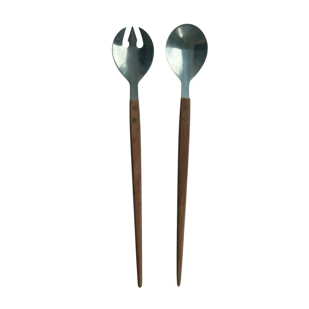 Vintage Arnart Stainless Salad Servers MCM Scandinavian Style Japan Wood Handles